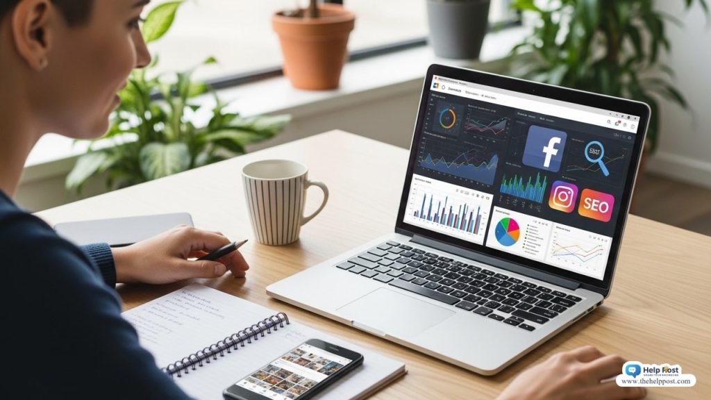 Digital marketer analyzing charts and social media icons on a laptop screen with bright creative workspace.