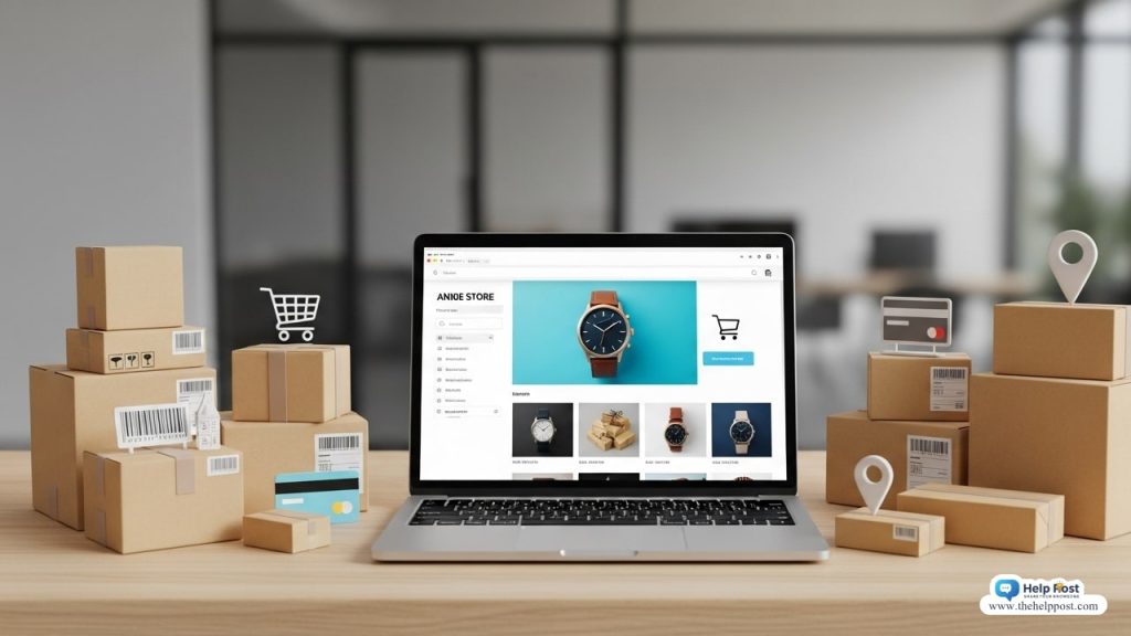 Laptop screen displaying an online store with delivery boxes and shopping icons on a clean modern workspace.