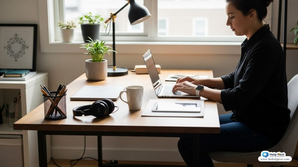 Freelancer working on a laptop with headphones, coffee mug, and tablet on a cozy modern desk near a window.