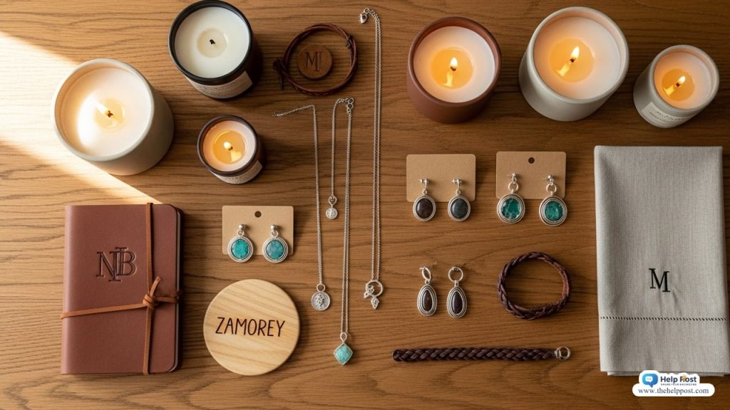 Handmade jewelry, candles, and personalized gifts arranged neatly on a wooden table under natural light.