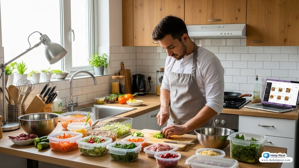 Home kitchen setup with a chef preparing meals, food containers, and a laptop showing a food delivery app.