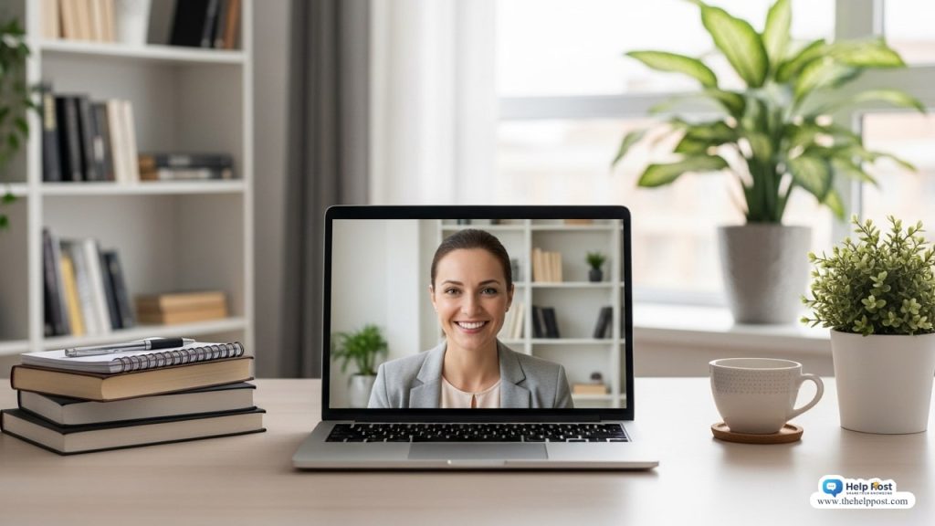 A professional online coach conducting a virtual session on a laptop in a modern home office setup with books and coffee.