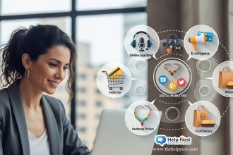 A successful small business concept with entrepreneur working on a laptop, surrounded by icons of e-commerce, coaching, and digital marketing.