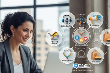 A successful small business concept with entrepreneur working on a laptop, surrounded by icons of e-commerce, coaching, and digital marketing.