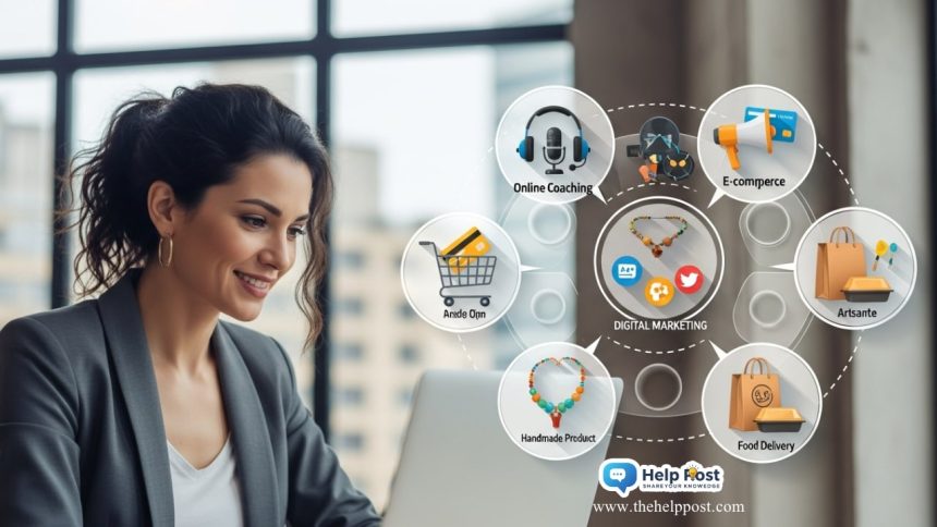 A successful small business concept with entrepreneur working on a laptop, surrounded by icons of e-commerce, coaching, and digital marketing.